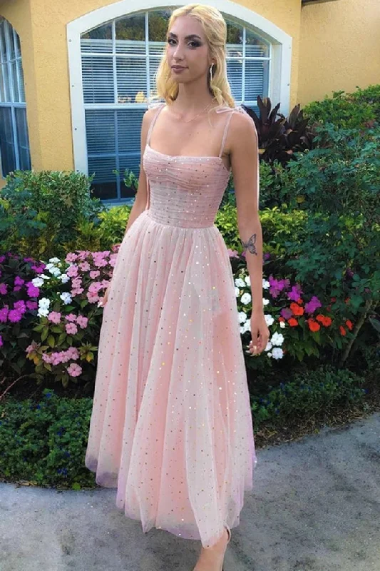 Spaghetti Straps Sequins Pink Tea Length Prom Dresses Shiny Sequins Pink Homecoming Dresses OK1432