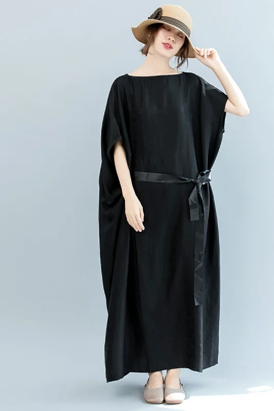 Summer Belt Bat Sleeve Black Maxi Dresses Women Casual Clothes Q3075