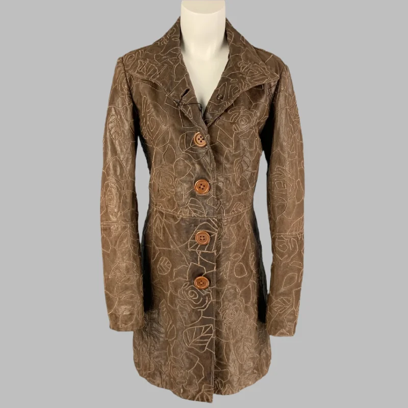 EMPORIO ARMANI Size 8 Brown Embroidered Single Breasted Coat