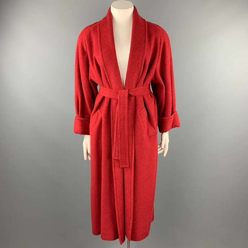 FLEURETTE for I.MAGNIN Size L Red Cashmere Belted Open Front Coat