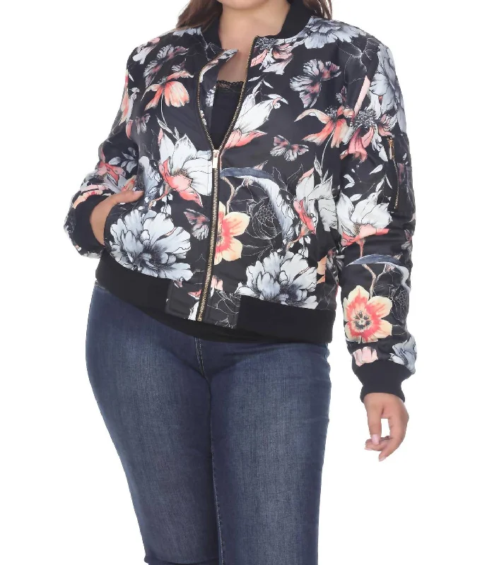 Floral Bomber Jacket - Plus Size In Black