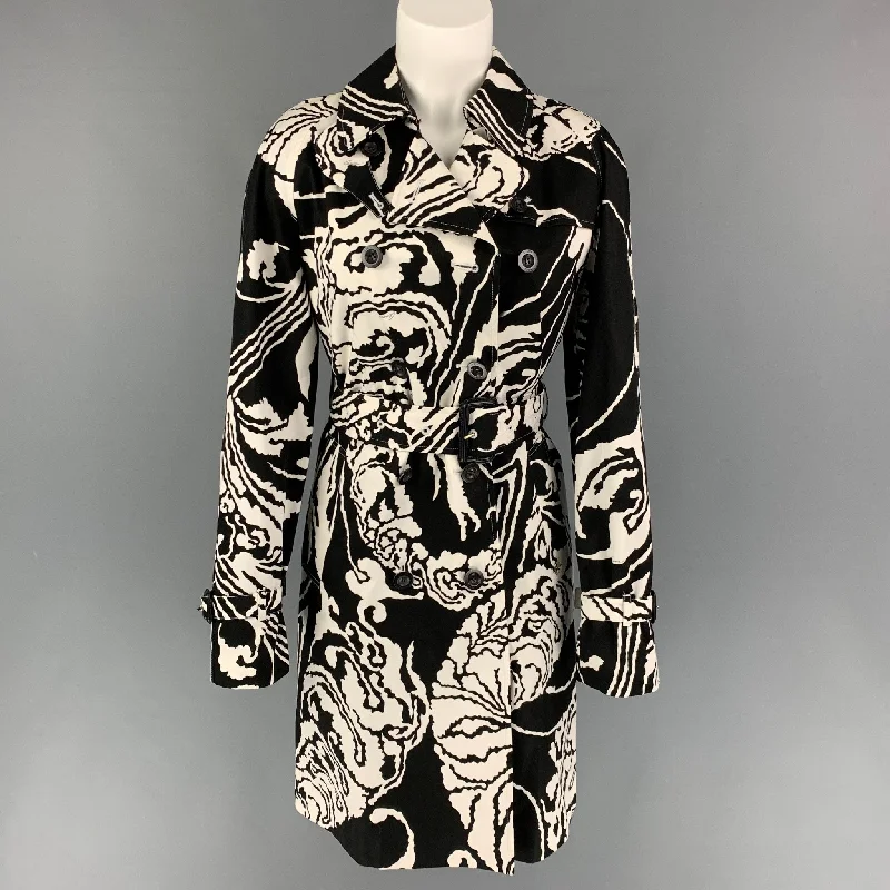 GUCCI Size 6 Black White Abstract Cotton Double Breasted Coat