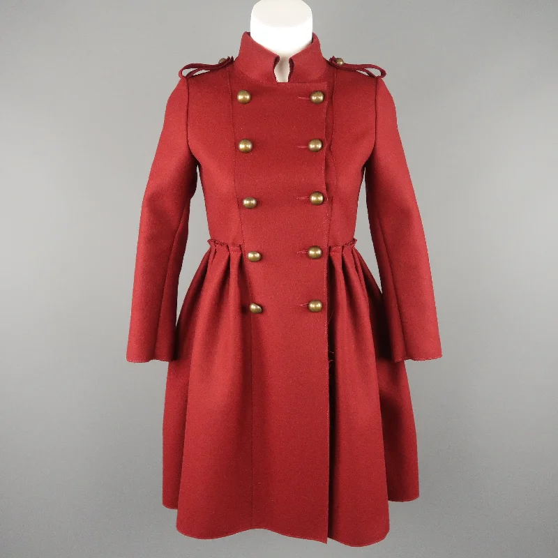 LANVIN Petite Burgundy Wool Blend Double Breasted Military Skirt Coat