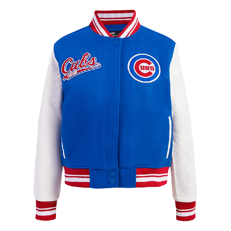 MLB CHICAGO CUBS SCRIPT TAIL WOMEN'S WOOL VARSITY JACKET (ROYAL BLUE/RED)