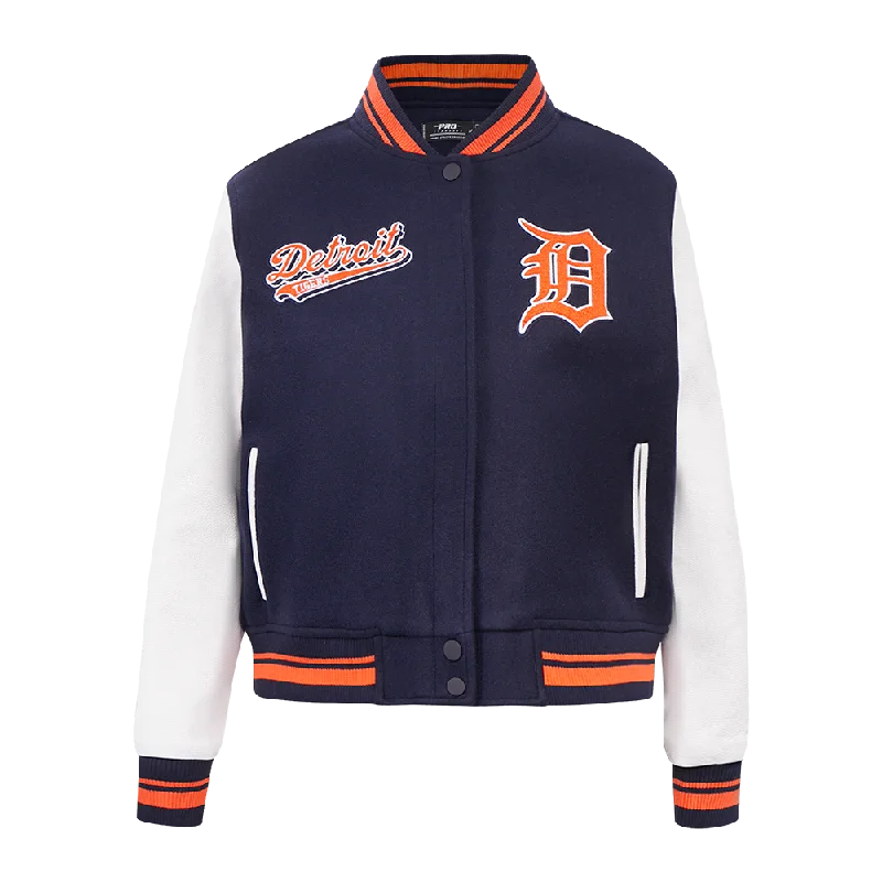 MLB DETROIT TIGERS SCRIPT TAIL WOMEN'S WOOL VARSITY JACKET (MIDNIGHT NAVY/ORANGE/MIDNIGHT NAVY)