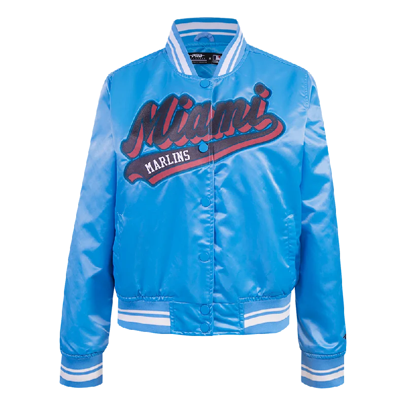 MLB MIAMI MARLINS SCRIPT TAIL WOMEN'S SATIN JACKET (UNIVERSITY BLUE)