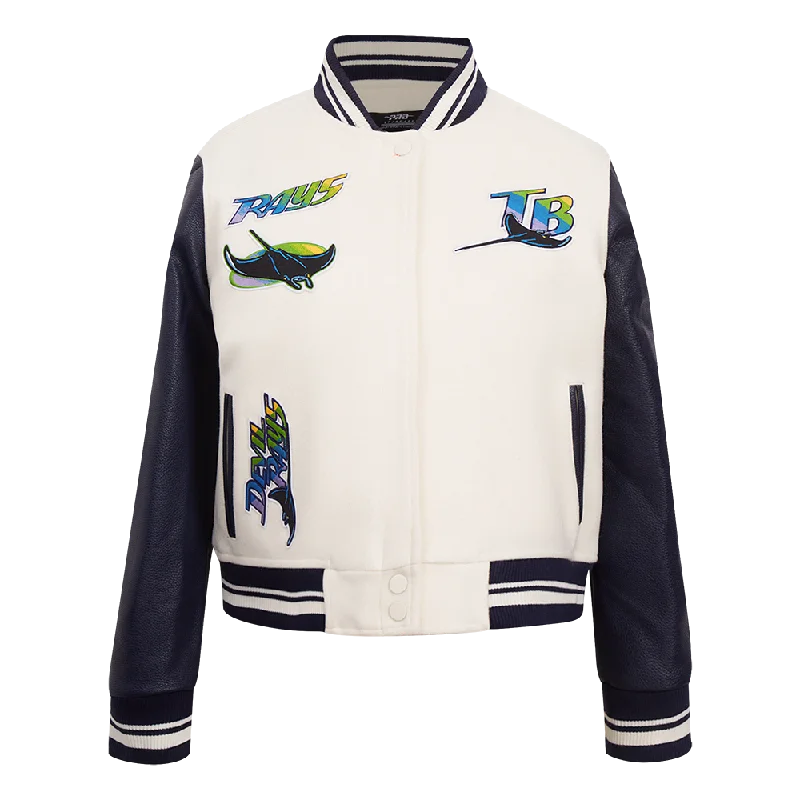 MLB TAMPA BAY RAYS RETRO CLASSIC WOMEN'S RIB WOOL VARSITY JACKET (EGGSHELL/ MIDNIGHT NAVY)