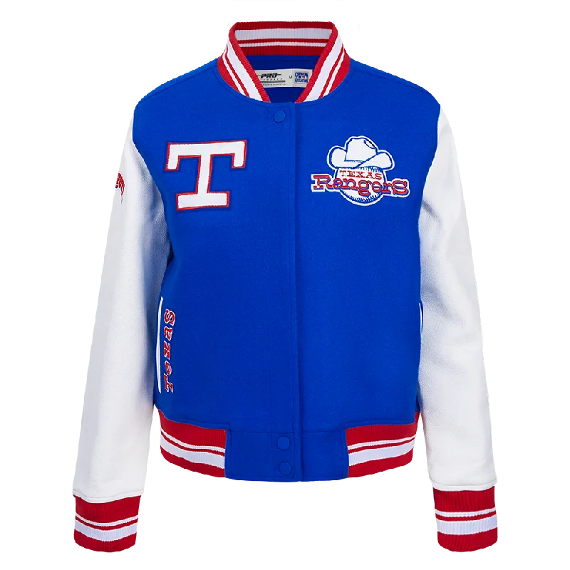 MLB TEXAS RANGERS RETRO CLASSIC WOMEN'S RIB WOOL VARSITY JACKET (ROYAL BLUE/RED)