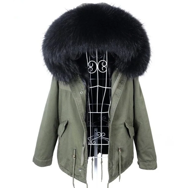 Office Lady Style Long Sleeved Winter Jacket with Natural Raccoon Fur Collar