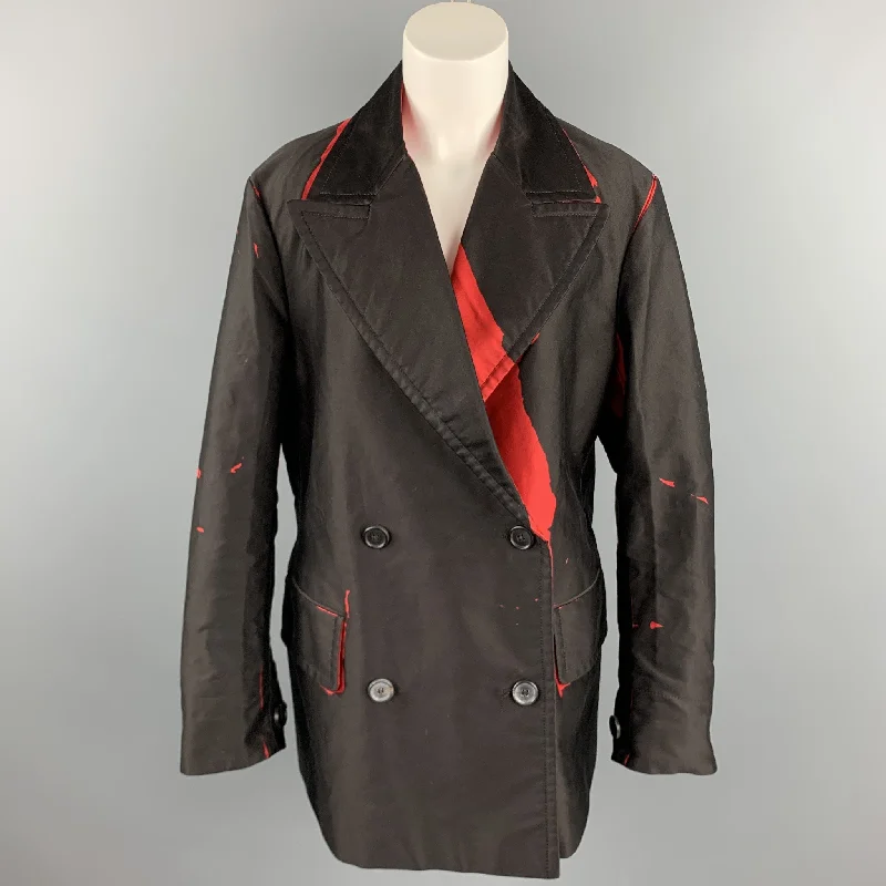 PRADA SS 2018 Size S Brown & Red Print CottonDouble Breasted Pea Coat