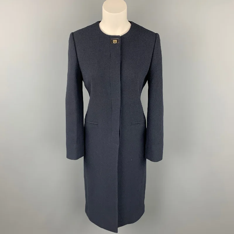 SALVATORE FERRAGAMO Size 4 Navy Wool / Silk Collarless Hidden Button Coat