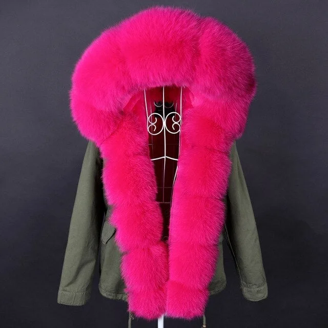 Women's Contrasting Natural Raccoon Fur Collared Thick Winter Jacket