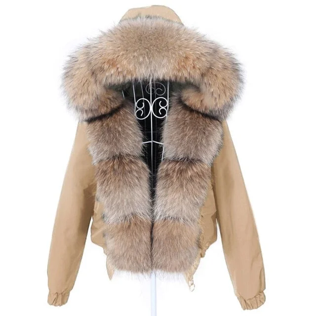 Women's Natural Raccoon Fur Collared Khaki Color Thick Winter Jacket