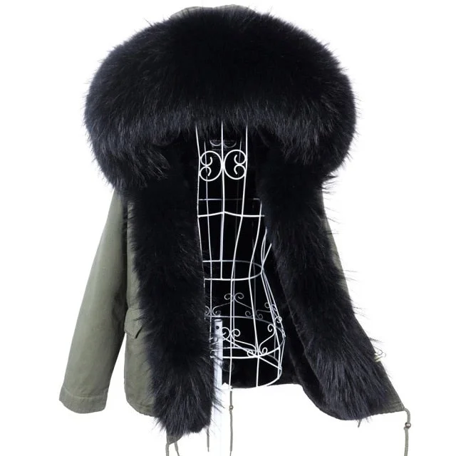 Women's Natural Raccoon Fur Collared Thick Slim Fit Winter Jacket