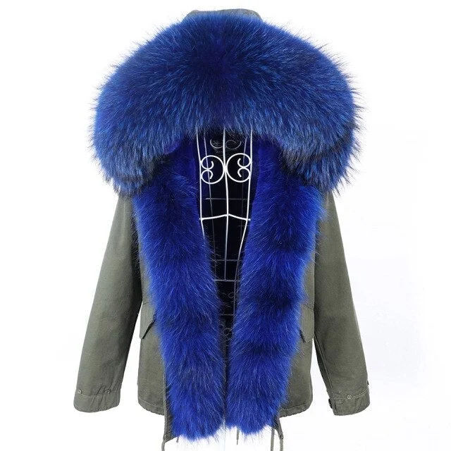 Women's Warm Winter Fashion Natural Raccoon Fur Collared Thick Jacket