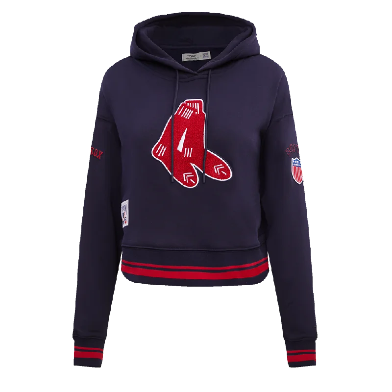 MLB BOSTON RED SOX RETRO CLASSIC WOMEN'S RIB CROPPED PO HOODIE (MIDNIGHT NAVY/RED/MIDNIGHT NAVY)