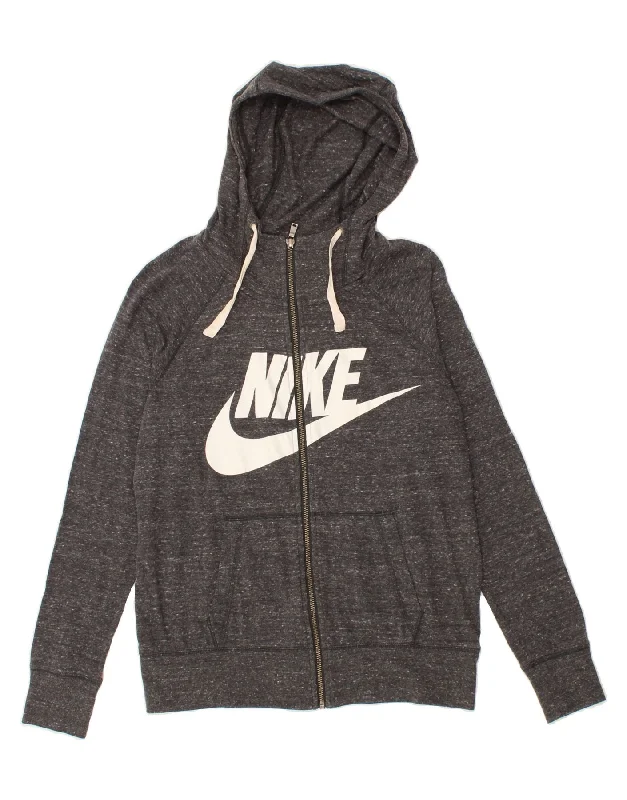 NIKE Womens Graphic Zip Hoodie Sweater UK 14 Medium Grey Flecked Cotton