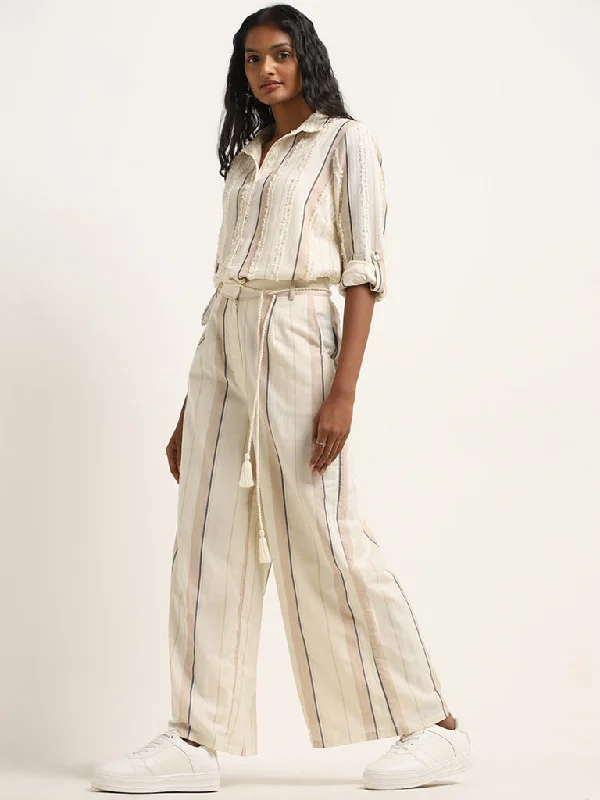 LOV Off-White Stripe Printed Mid Rise Flared Pants