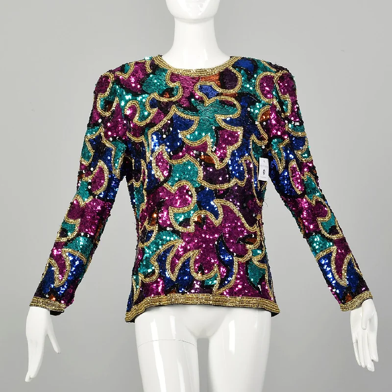 Medium 1990s Oleg Cassini Shirt Multicolored Sequin Formal Long Sleeve Eveningwear