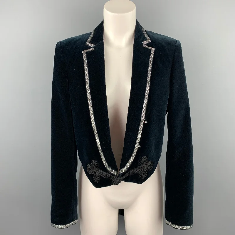 ROBERTO CAVALLI Size 6 Navy Cotton Velvet Notch Lapel Tails Blazer