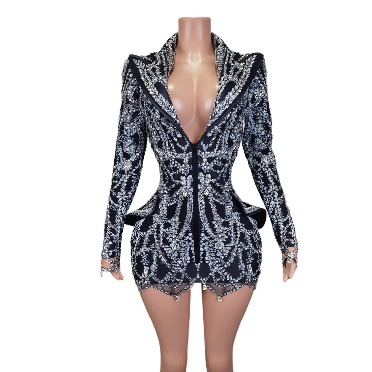 Glamorous Black Deep V Crystal Embellished Blazer Jacket for Women - Perfect Stage Performance and Party Outfit