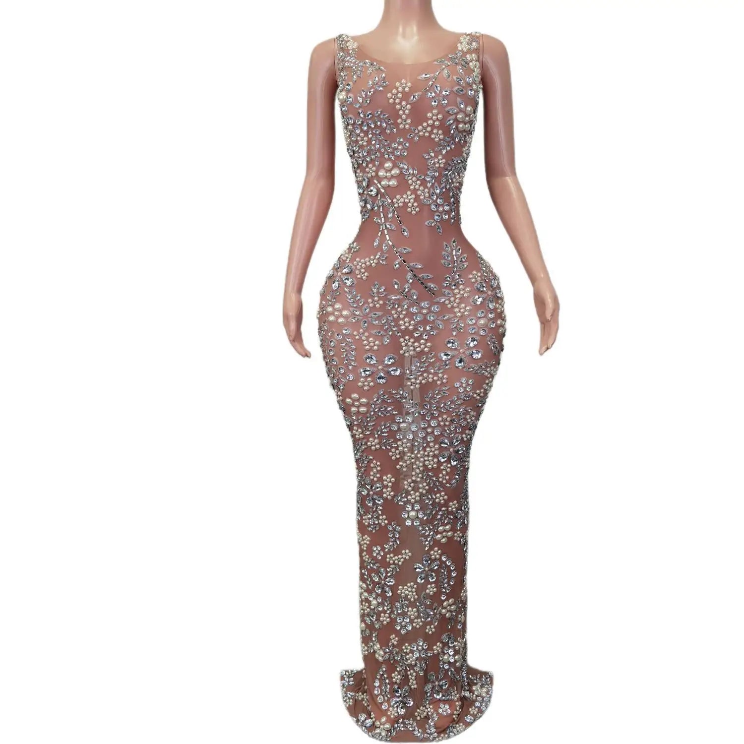 Glamorous Rhinestone Embellished Sheer Evening Gown for Women Perfect for Parties, Birthdays, and Performances